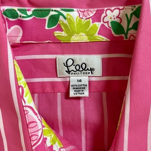 Lilly Pulitzer Women’s 14 Pink White Stripe Button Down Long Sleeve Cotton Shirt - Picture 4 of 10